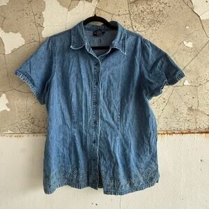 Vintage Embroidered Denim Shirt Short Sleeve Button Up Y2K Womens Plus Size 16W